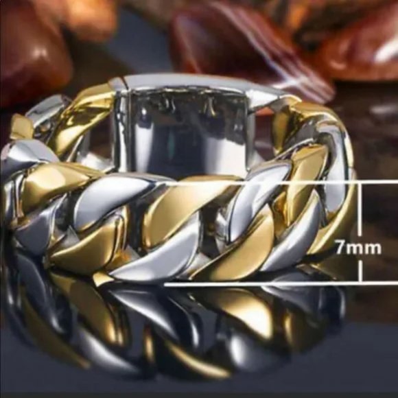 New Two Tone Gold Silver Cuban Link Ring - Picture 3 of 5